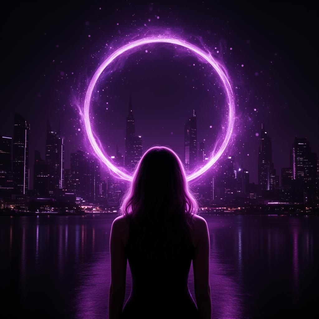 Creator silhouette facing a glowing violet signal portal over a dark city skyline